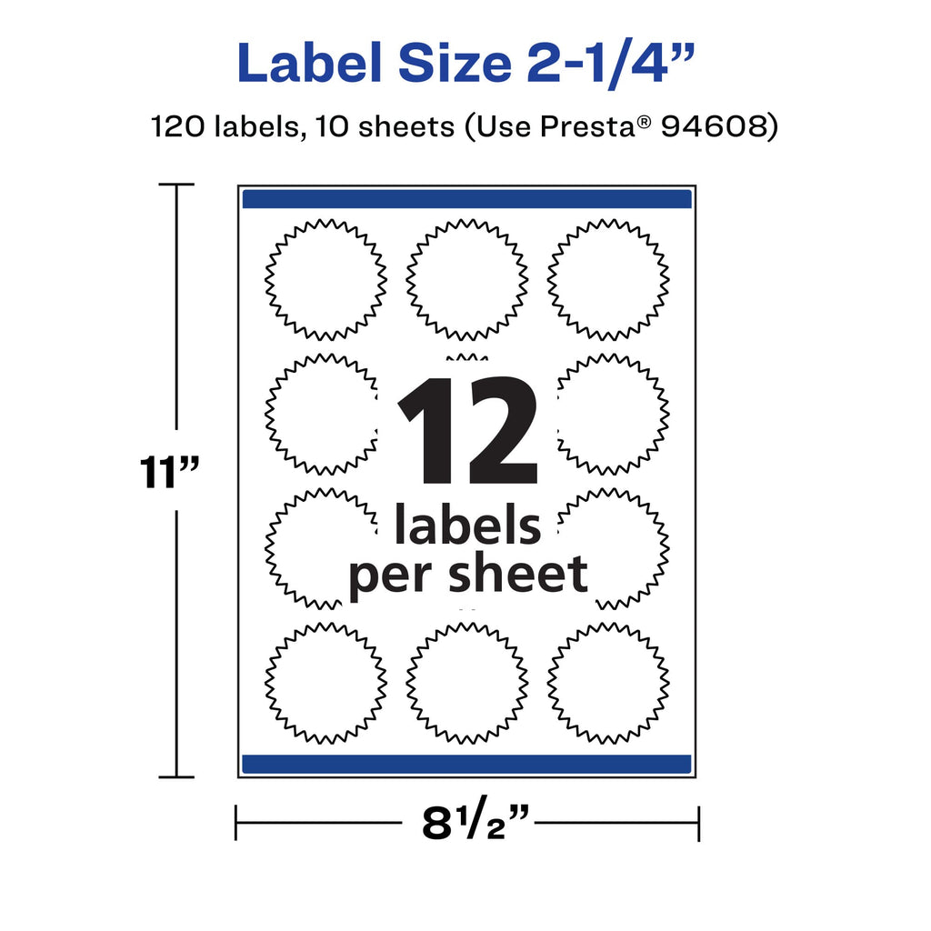 Avery® Printable Durable White Starburst Labels, Sure Feed® Technology, 2.25", Print-to-the-Edge, Waterproof Labels, Laser & Pigment-Based Inkjet Compatible, 120 Total 120 labels