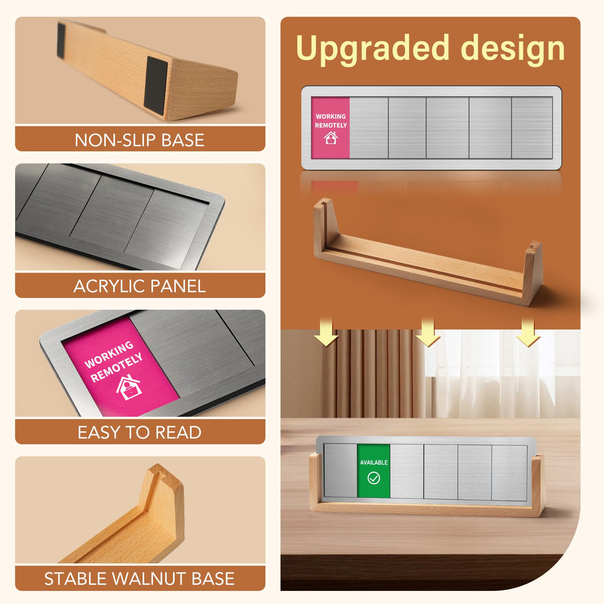 Office Desk Sign for 6 Options Slider, with Raw Wood Base, Available Spinner 3-Raw-Available