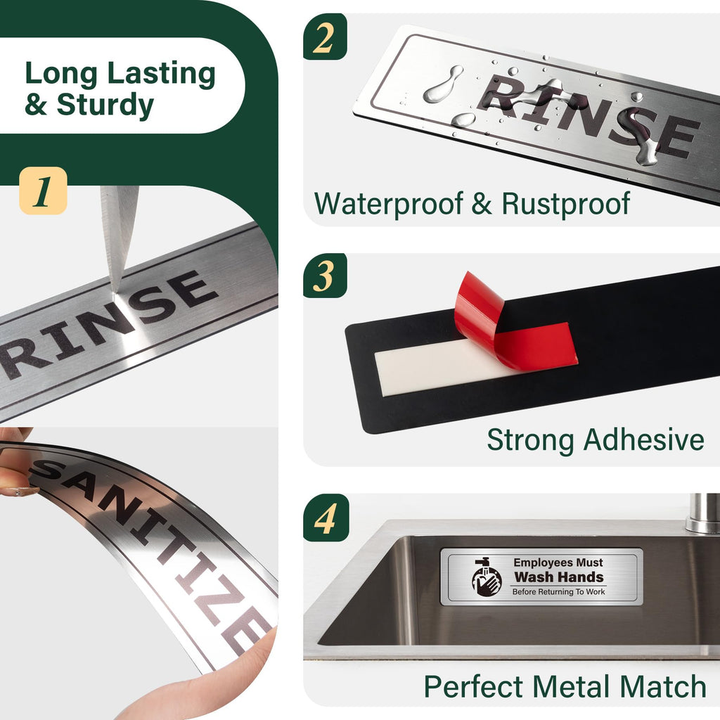 Wash Rinse Sanitize Sink Labels, Bilingual English Spanish 3 Compartment Sink Stickers, Employees Must Wash Hands Sign for Commercial Kitchen, Restaurant, Food Truck, Food Service, 4 Pack Brushed Aluminum Wash/ Rinse /Sanitize/ employees-Spanish