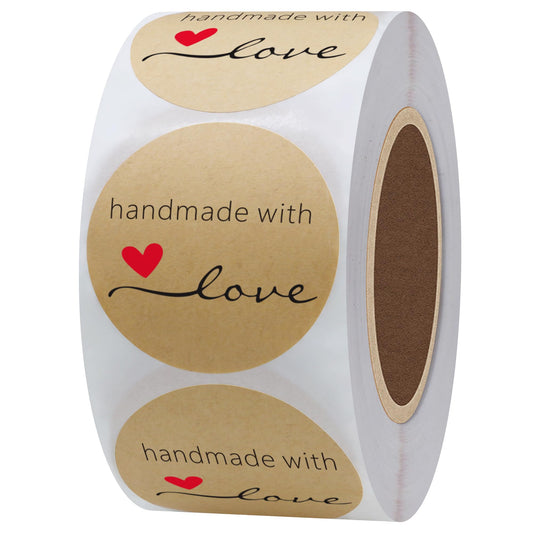 Hybsk Kraft Handmade with Love Stickers 1.5" Inch Round Total 500 Adhesive Labels Per Roll (Kraft)