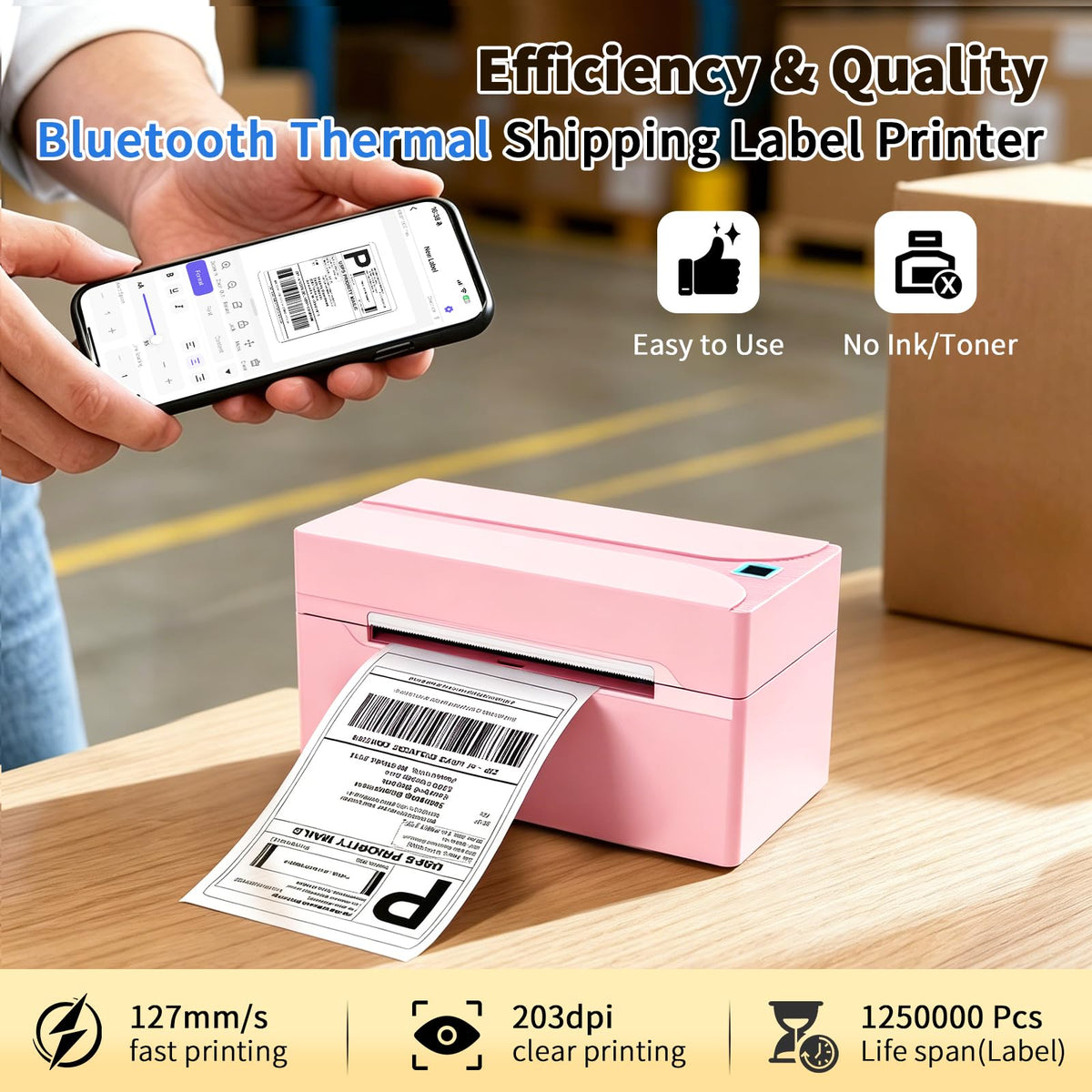 Bluetooth Thermal Label Printer,4x6 Shipping Label Printer Pink