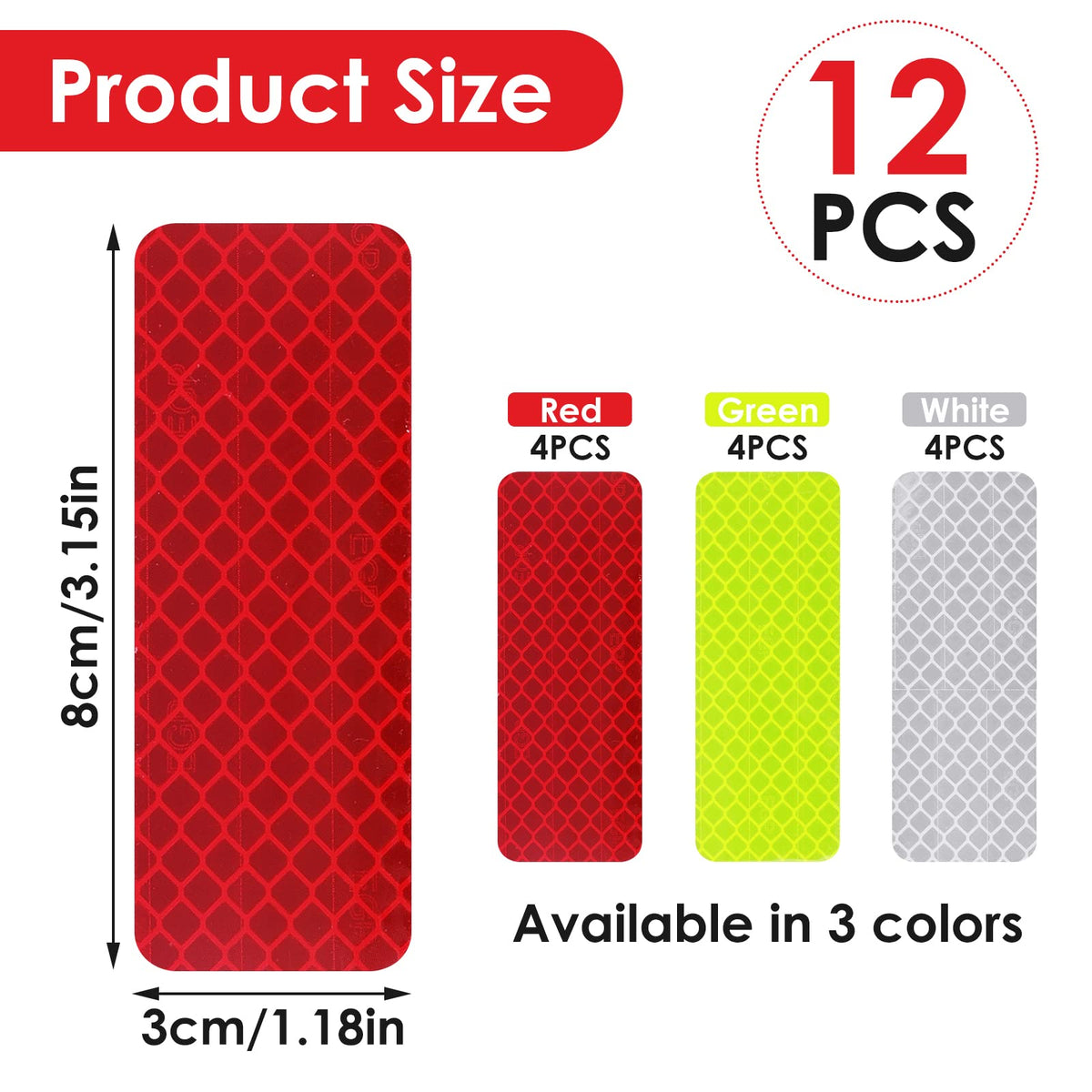Abeillo 12 Pieces Safety Reflective Stickers, Warning Reflective Stickers Stick-on Car Reflector Sticker Waterproof Reflective Tape Stickers for Vehicle, Bicycles, Motorcycles, 1.18 x 3.25 Inch