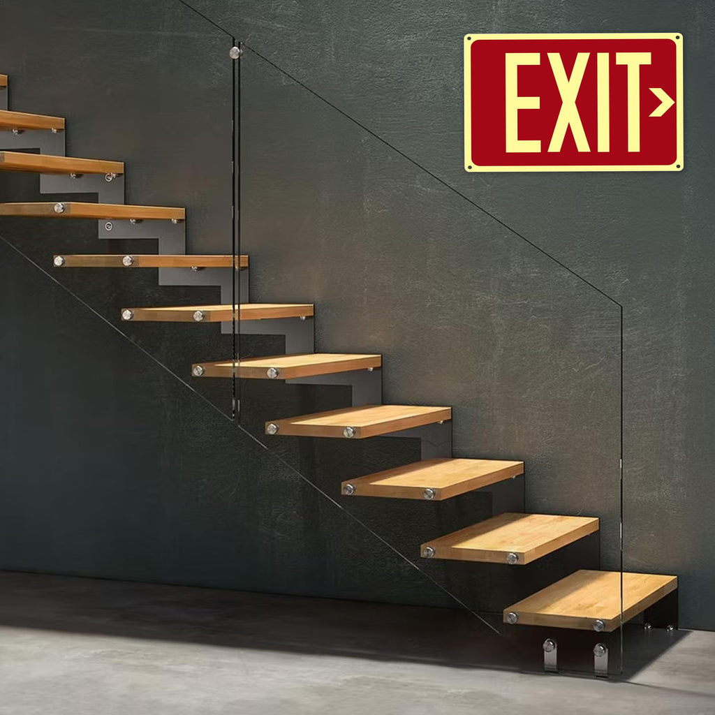 4Pack Photoluminescent Exit Sign Aluminum - 14x10 Inches Glow In Dark Exit Sign with Adhesive Backing - Removable Arrows Included - Non Electrical Red Exit Light For 50 Feet Visibility 14"X10"-4PACK
