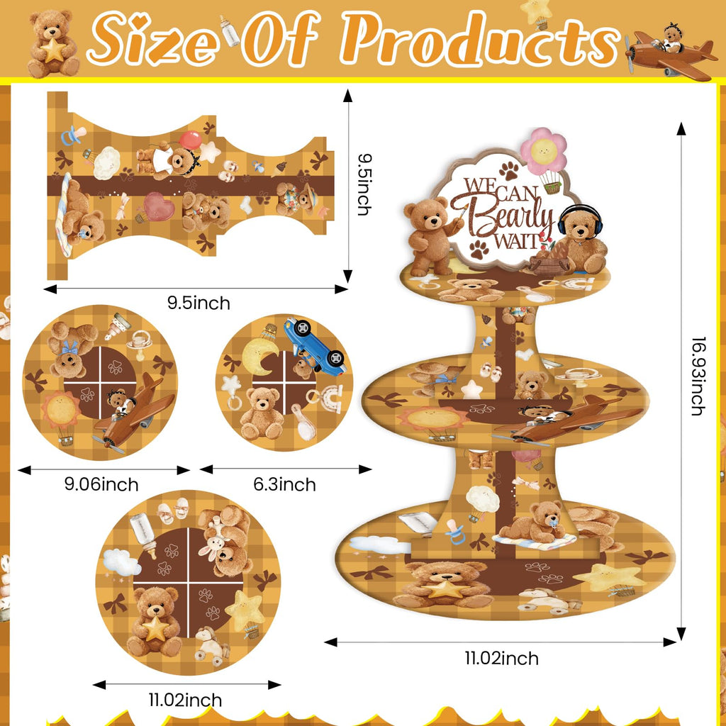 Bear Baby Shower Cupcake Stand - Brown 3 Tier Teddy Bear Baby Shower Decorations for Boys Girls, We Can Bearly Wait Dessert Table Decor with Toppers Gender Reveal Party Supplies