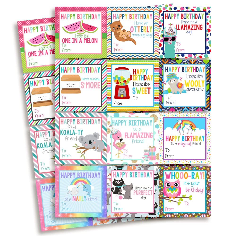 Happy Birthday Gift Tag Stickers for Girls, Set of 24 2.5 X 2.5 Mixed Square Birthday Gift Labels by Amanda Creation