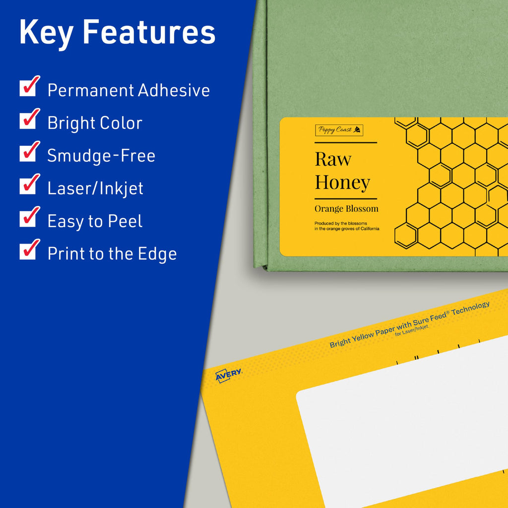 Avery® Printable Rectangle Labels, Sure Feed® Technology, 2-1/2" x 4", Bright Yellow Labels, Print-to-The-Edge, Laser/Inkjet Printable, 60 Total, Great for Candles and Ingredients 60 labels