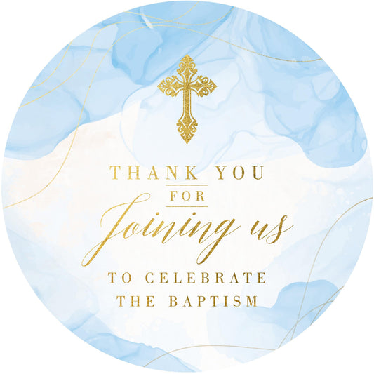 Mobiusea Creation Baptism Stickers for Boys | 2 inch | Blue Watercolor with Gold Foil Cross| 60pcs Waterproof Thank You Stickers Baptism Favor Tag Labels