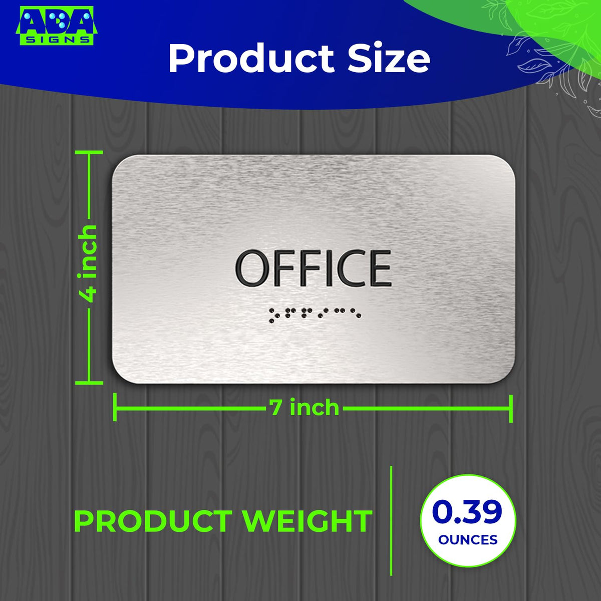 ADASigns Office Sign 7"x4" - Brushed Aluminum with Braille & Tape