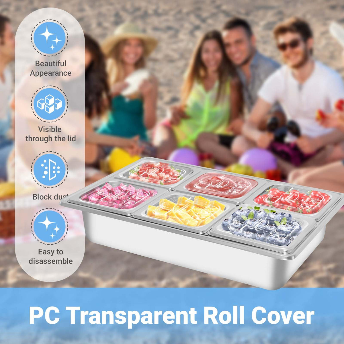 Countertop Ice Food Serving Display Tray with 6 Pan, Portable Salad Bar Buffet Station for Home, Cold Food Buffet Tray, Keep Food Cold Outdoor Buffet, Pizza Topping Station Cooling Trays for Food