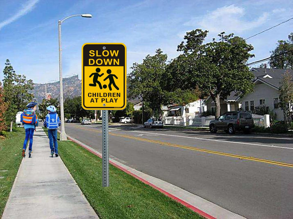 Slow Down Children at Play Signs 2-Pack, Reflective Metal Children Playing Safety Signs, 18” x 12” Rust Free Aluminum, UV Protected Neighborhood Street Caution Safety Yard Signs children at play 02