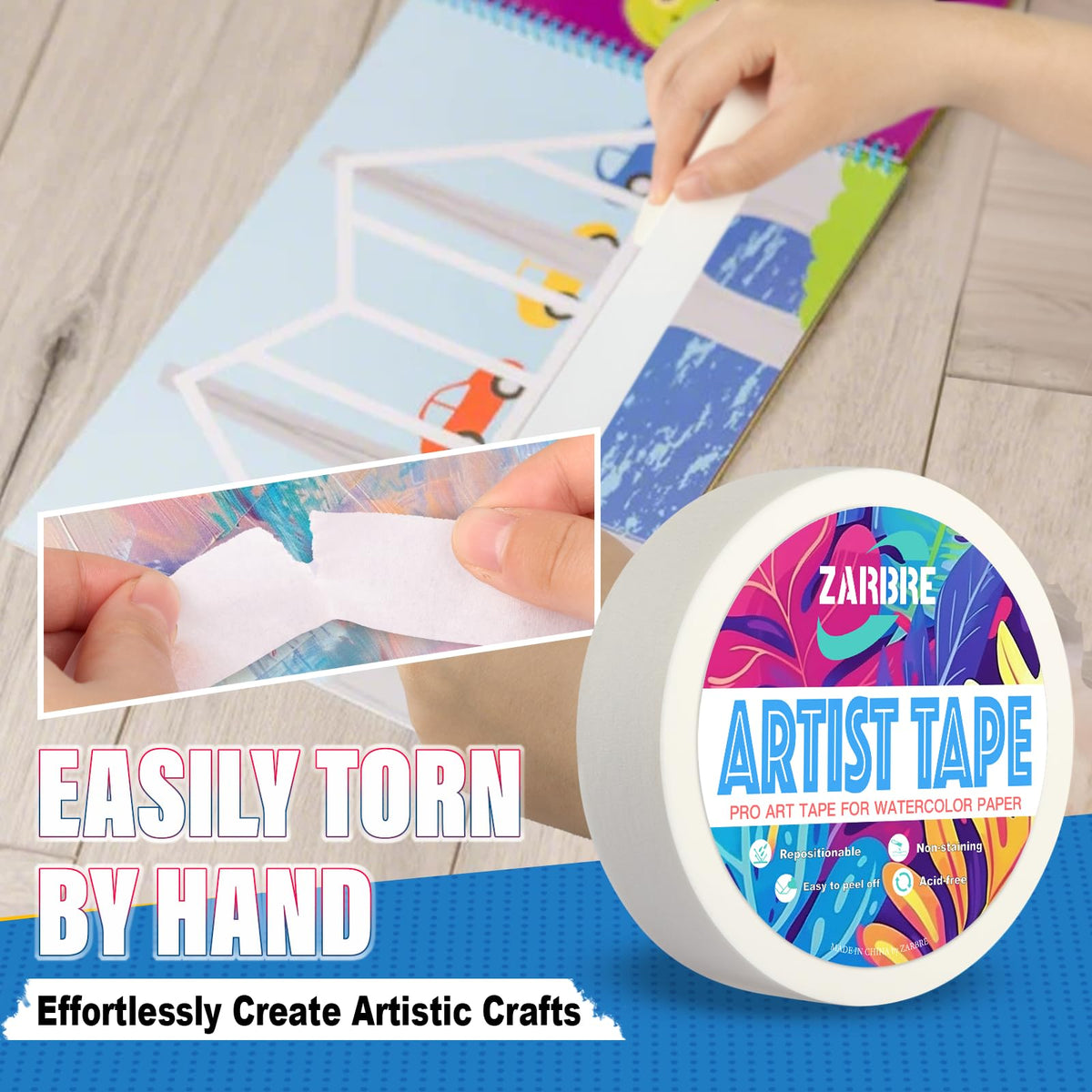Artist Tape, White Art Tape for Watercolor Paper, Medium Tack Masking Drafting Tape for Painting Canvas Framing, Acid-Free, 1in 164FT Long 1inch 1