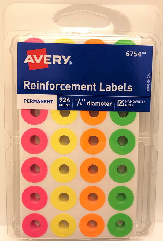 aVERY 924 COUNT 1/4 DIAMITER REINFORCEMENT COLORED LABELS: Permenant Adhesive Sticks & Stays, and Fits Standard Size Punched Holes,