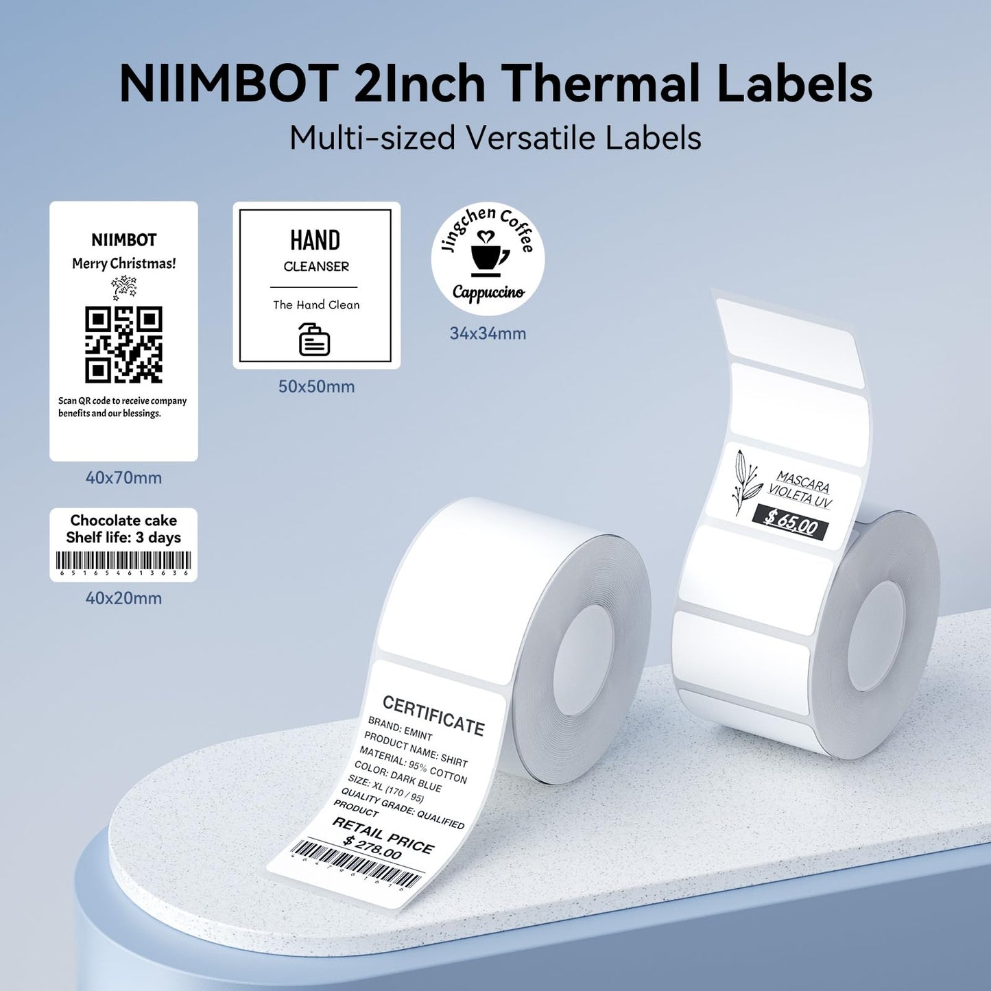 NIIMBOT 2 Rolls Labels for B1/B21/B3S Label Maker, 45 x 80 mm (1.77'' x 3.15'')-95 Tapes/Roll, Thermal Label Tape for Logo/File/Jar/Gift Sticker Labels (White) White