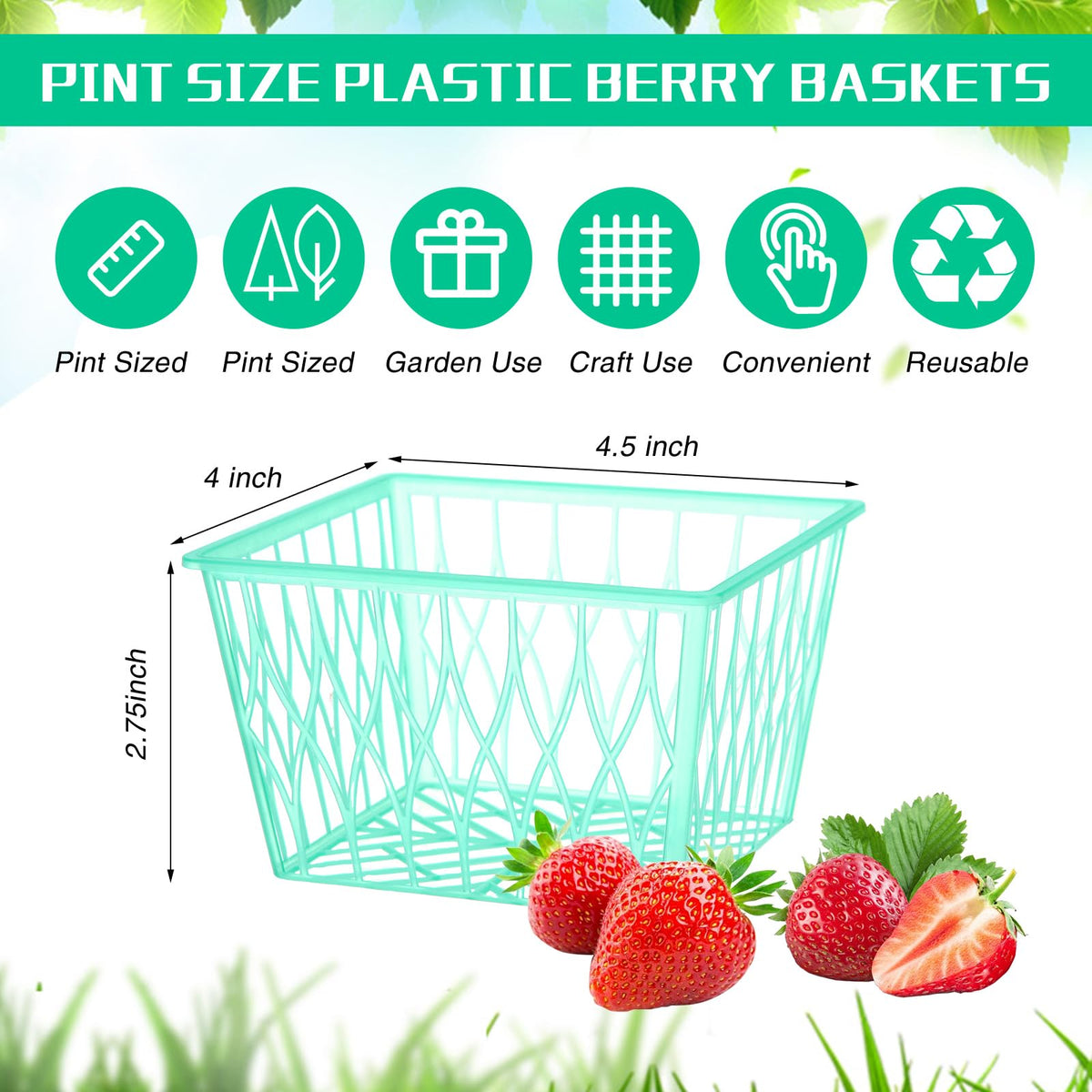 100 Pcs Pint Size Plastic Berry Baskets Green Open Weave 100