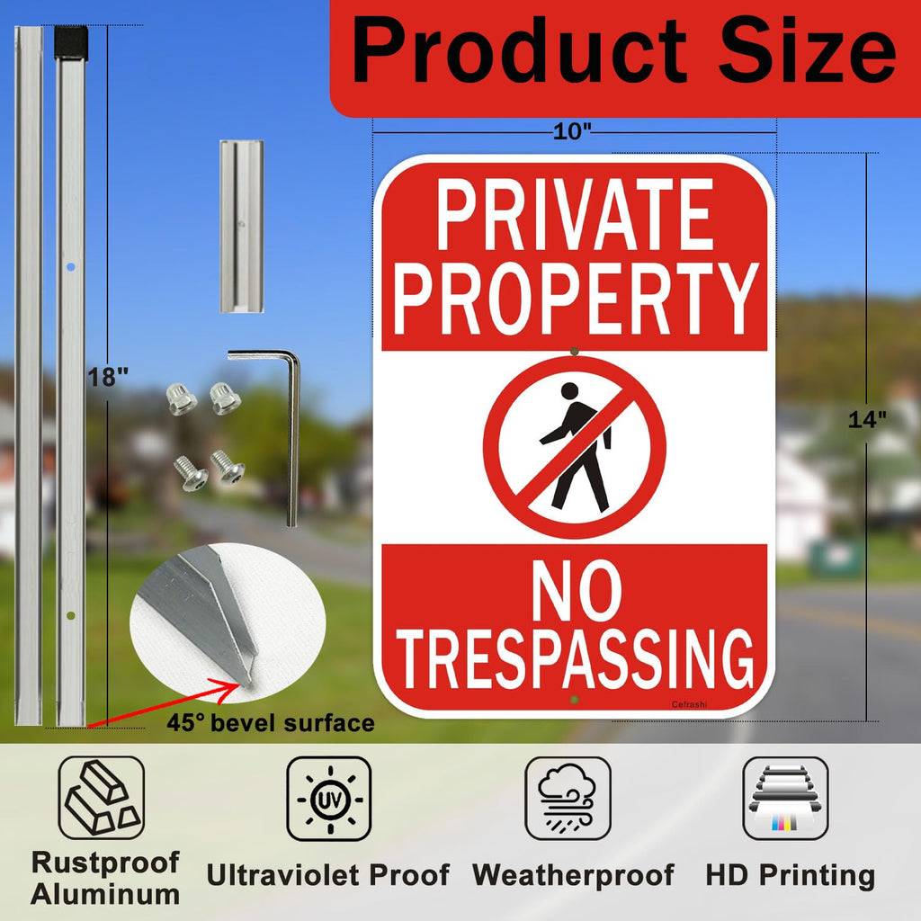 2 Pack Private Property No Trespassing Sign with 36" Metal Stakes, 14" x 10", Reflective Aluminum Sign, Weather Resistant, Waterproof, Easy to Mount 2 Pack-with aluminum Stake