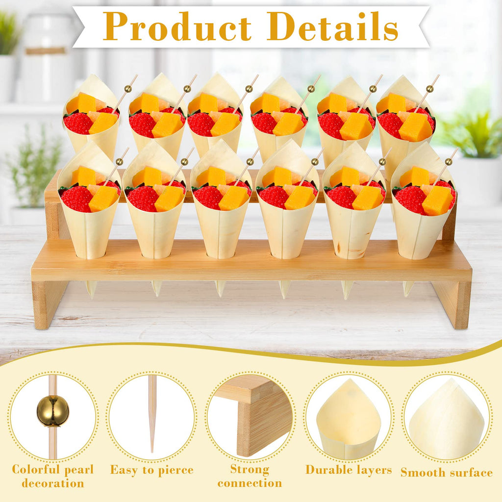 Queekay 150 Charcuterie Cones & 2 Pack 12 Holes Ice Cream Cone Stand, Brown