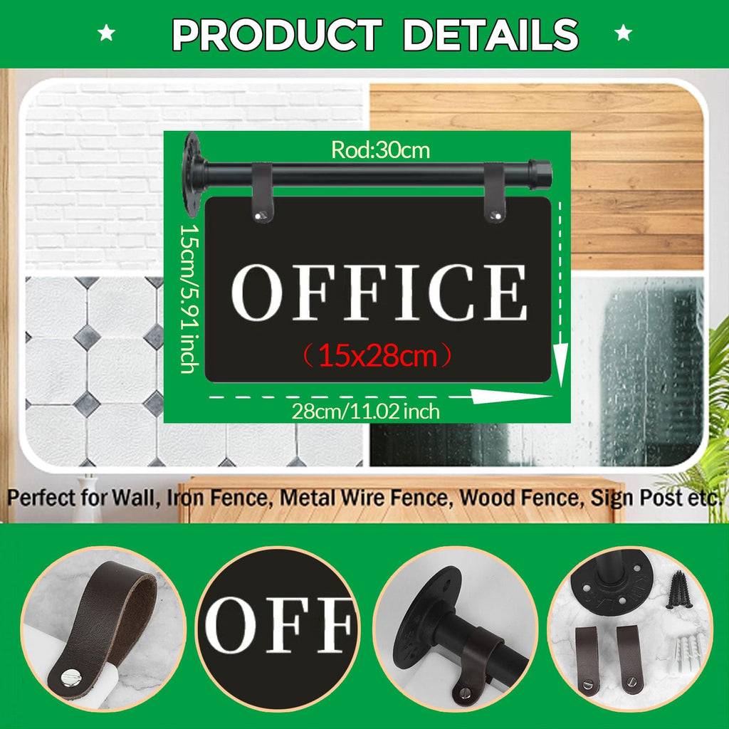 Modern Office Sign 11" x 6" Double-Sided Wall-Mounted Office Door Sign For Business UV Printed Indoor/Outdoor Pre-Drilled Holes with Metal Rod OFFICE - BLACK