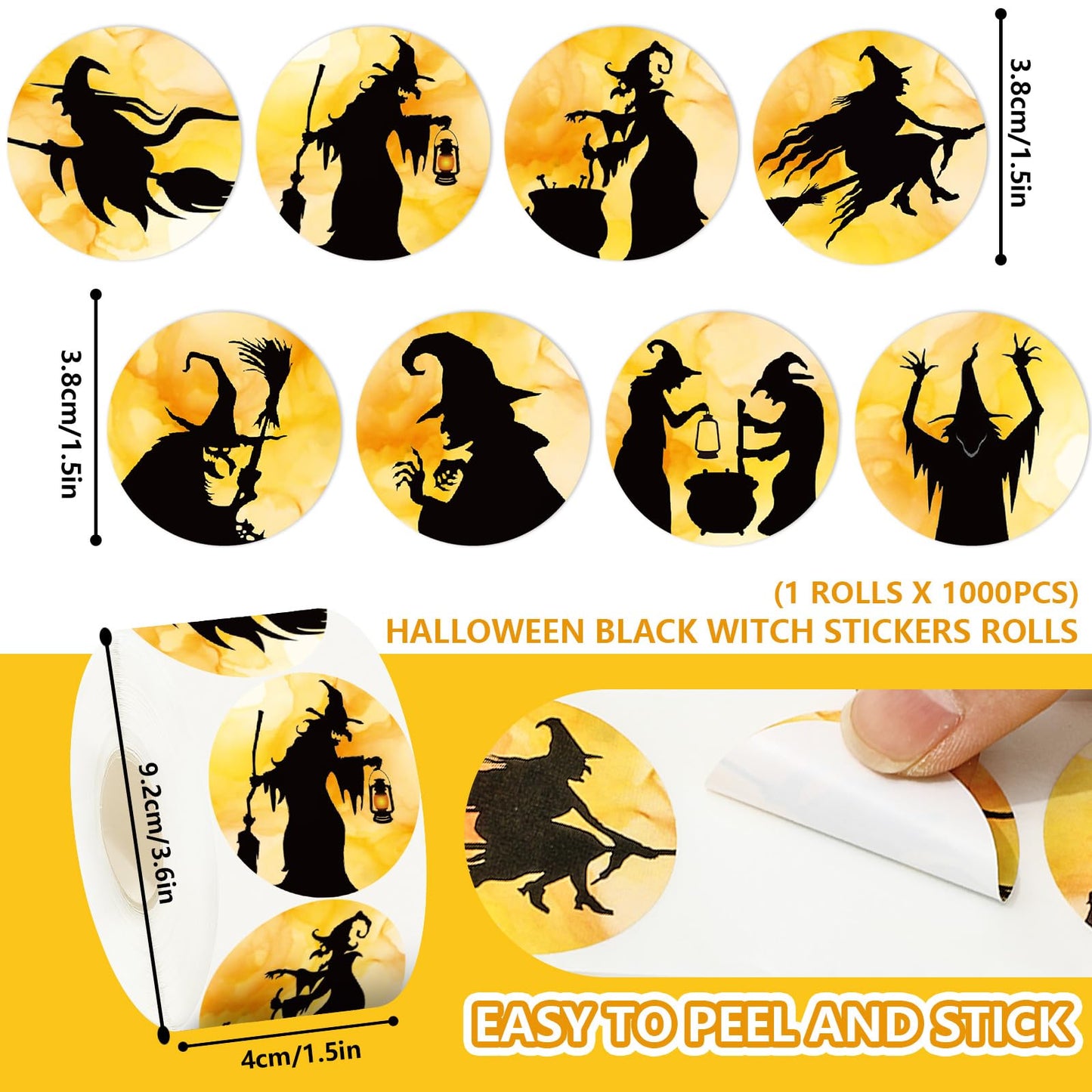 1000Pcs Halloween Stickers Roll Black Witch Round Decals Adhesive Sealing Labels for Trick or Treat Party Favor Supplies, 8 Designs