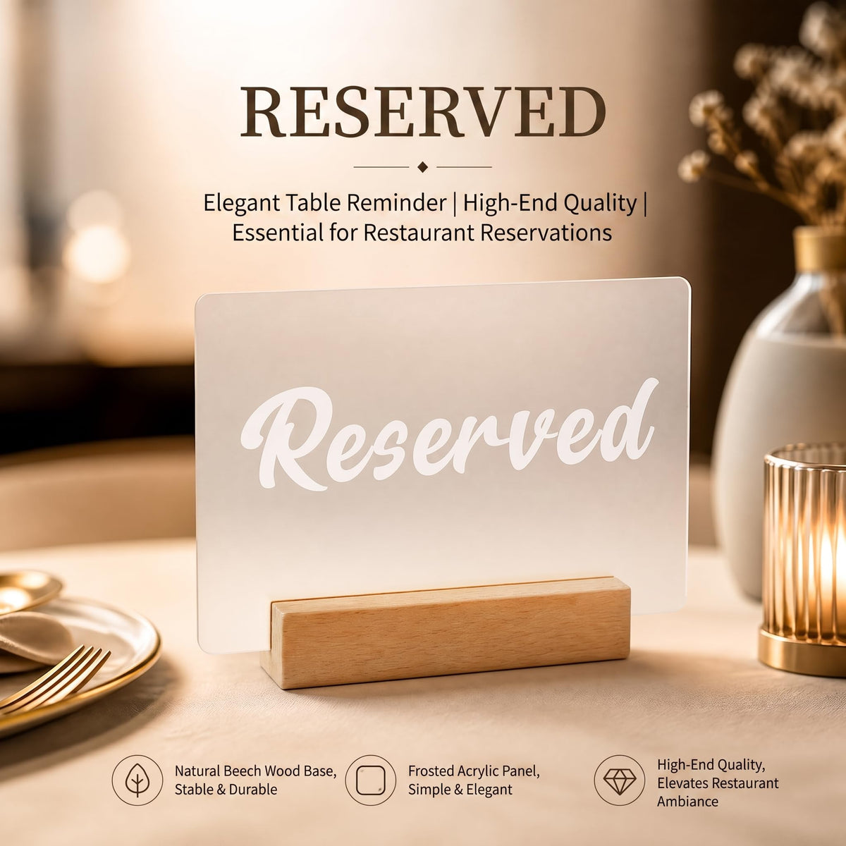 Acrylic Reserved Table Sign for Wedding with Beech Wood Base, 1 Set Frosted Reserved Table Sign (1 set)