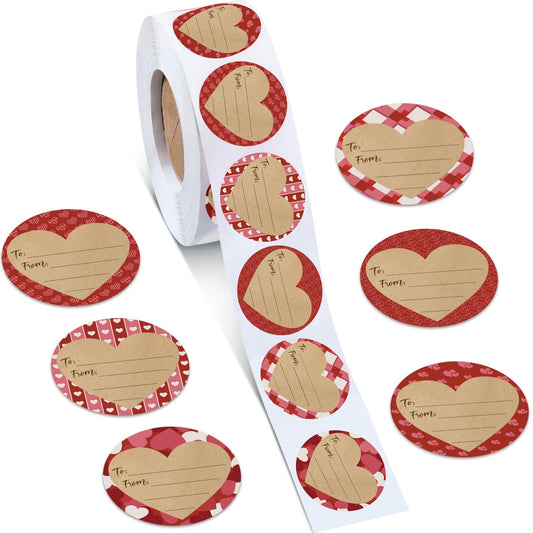 Teling 1000 Pcs Valentine's Day Red Heart Tag Stickers Valentines Gift Label Plaid Dot Stripe Pattern Name Tag Decals Self Adhesive Stickers for Decor