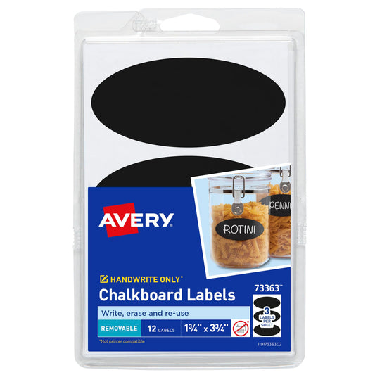 Avery Chalkboard Labels, 1.75" x 3.75" Oval Labels, Black, Non-Printable, 12 Blank Labels Total (73363) 12 Count (Pack of 1)