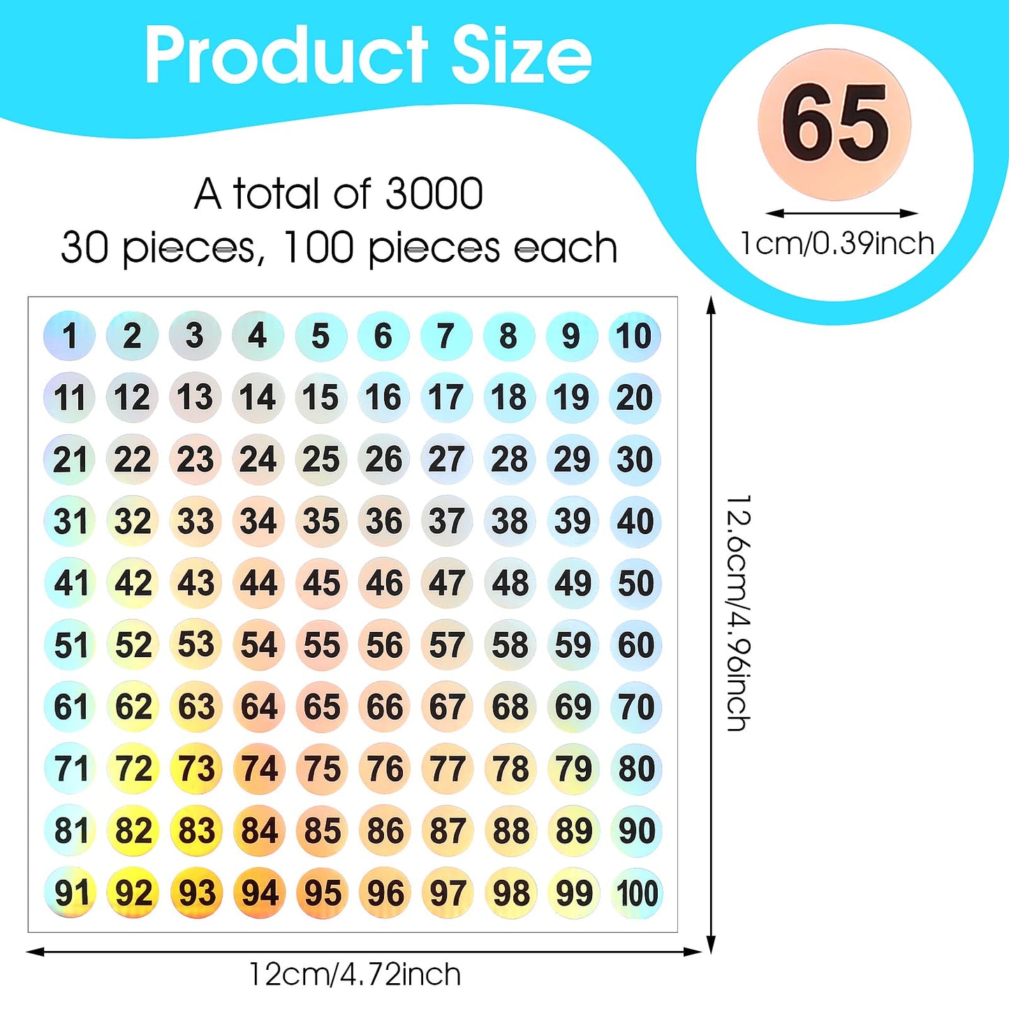30 Sheets Number Stickers 1-100,Small Number Stickers,Self Adhesive Consecutive Number Labels,Numbered Stickers,Waterproof for Office Kitchen Water Cup Marking, Classification(Laser 1cm)