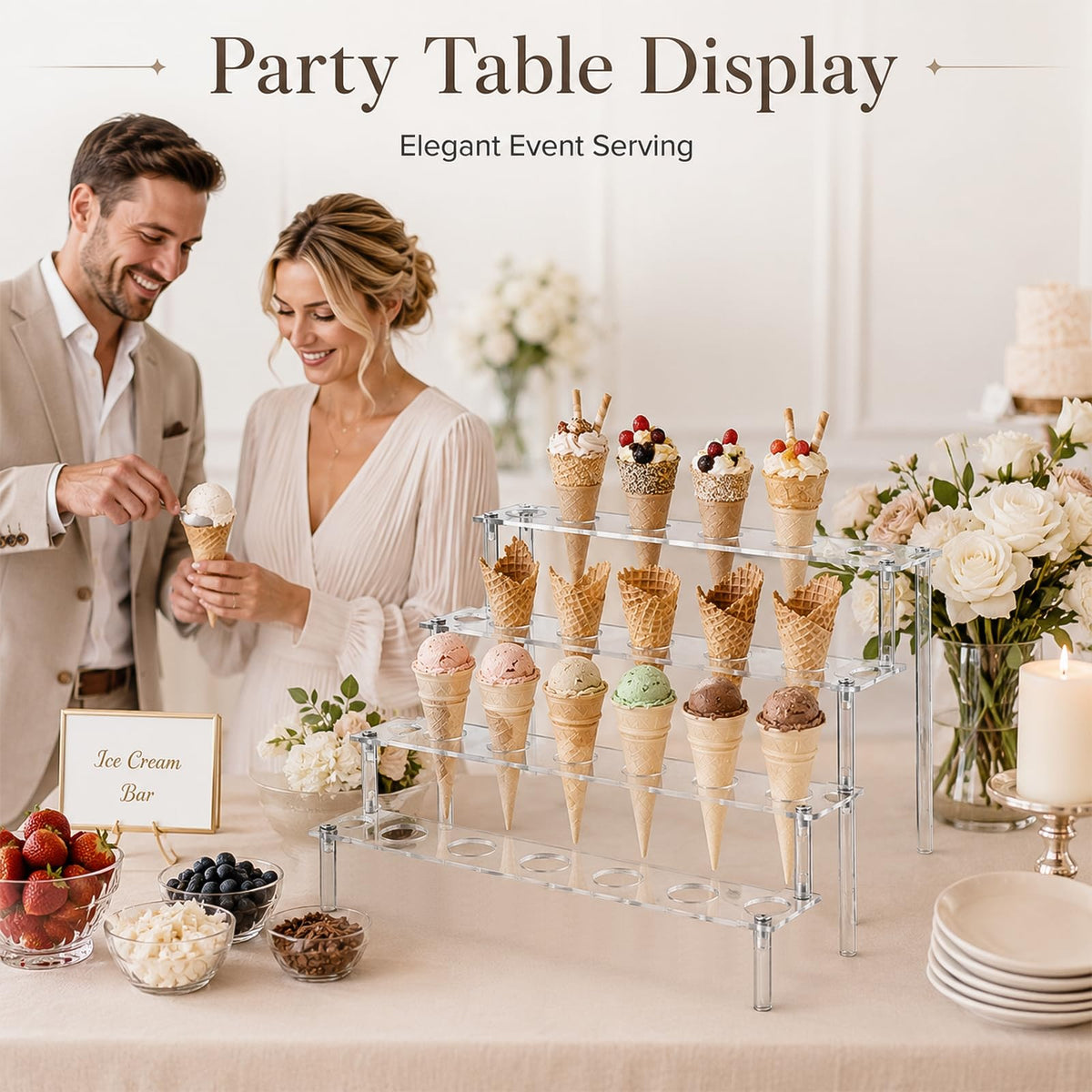 2PCS 4-Tier Acrylic Ice Cream Cone Holder, 24 Holes Cupcake Stand Clear Acrylic Dessert Display Stand, 11.8 x 7.5 in Waffle Cone Rack for Party Wedding Birthday Buffet Dessert Table
