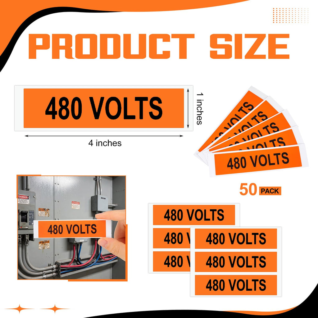 50 Pack 480 Volts Safety Decal, 4" x 1" 50