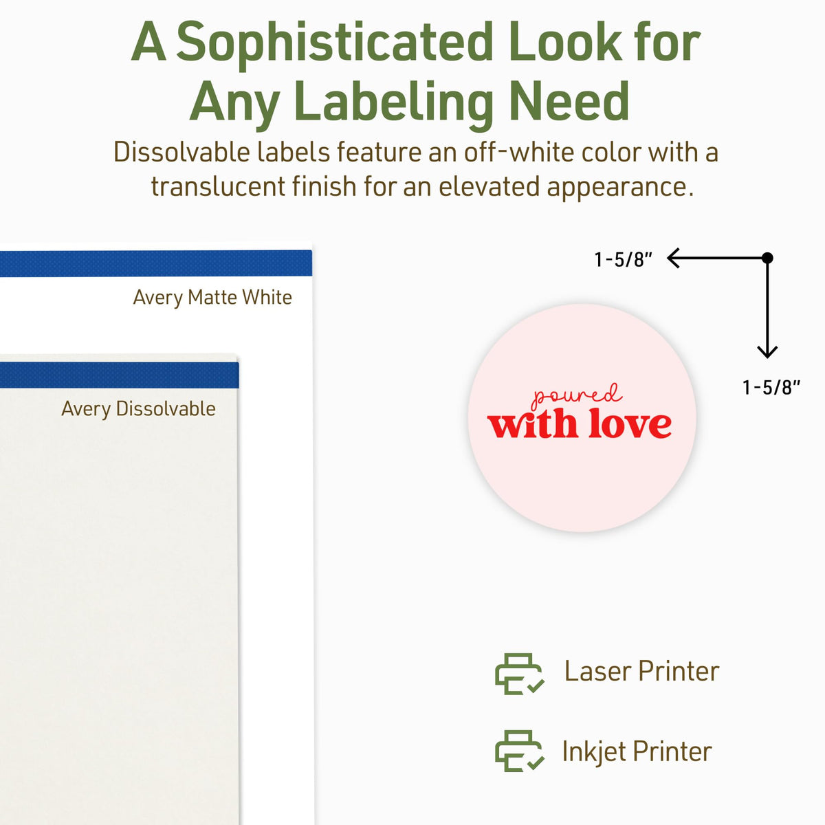 Avery Dissolvable Round Labels, Sure Feed Technology, 1-5/8" Diameter, Matte White, Print-to-The-Edge, Laser/Inkjet Printable, 200 Labels Total