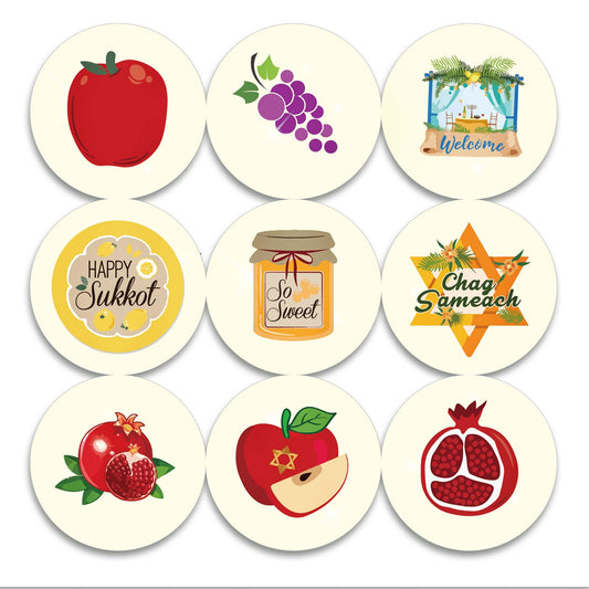 Sukkot Label Sticker Fruit Gift Sticker Judaism Holiday Tag Stickers Apple Pomegranate Round Present Stickers Happy Sukkot Reward Stickers Sukkot Festival Party Decoration for Envelope Book 10 Sheet