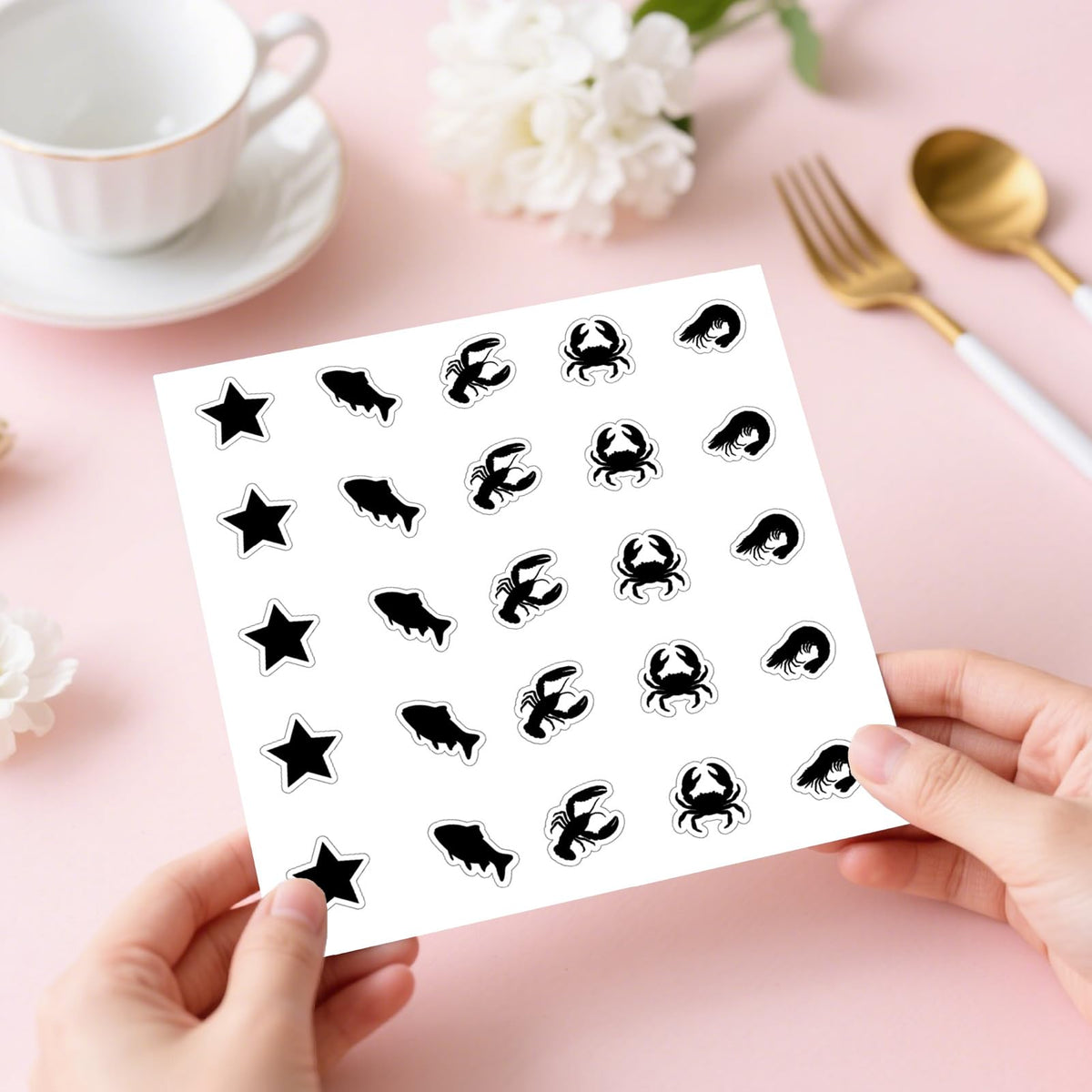 500Pcs Wedding Food Stickers Meal Stickers for Food Fish Lobster Crab Shrimp Stars Pattern 0.8 Inch Black Wedding Menu Indicator Decal Plastic Waterproof Label for Place Card Party Supplies Black-2
