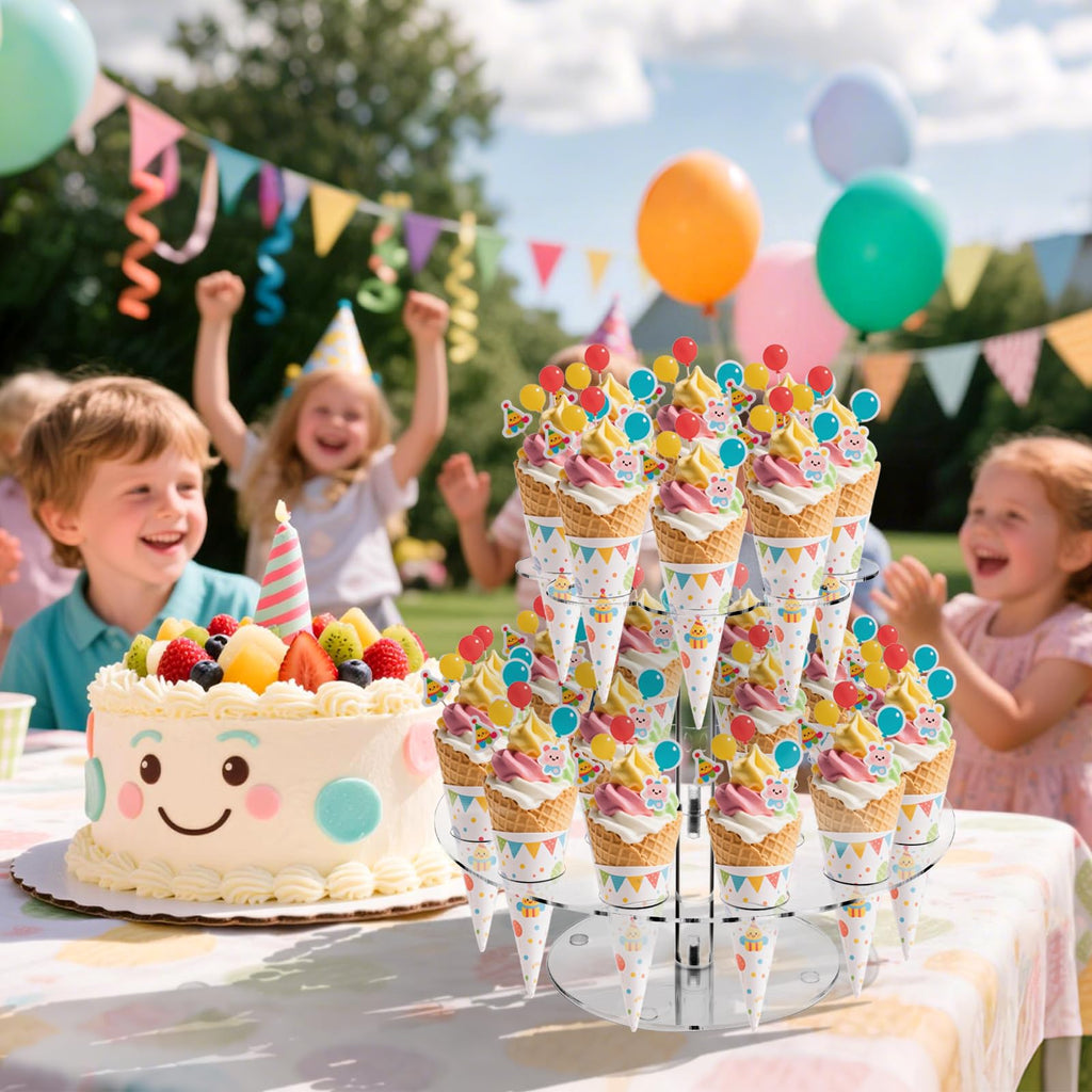 Hacaroa Acrylic Ice Cream Cone Holder, 24 Holes Waffle Sushi Hand Roll Stand Double Layer Cone Display Stand, Clear Food Display Stand Rack for Birthday Parties, Weddings, Christmas, Flower Shape