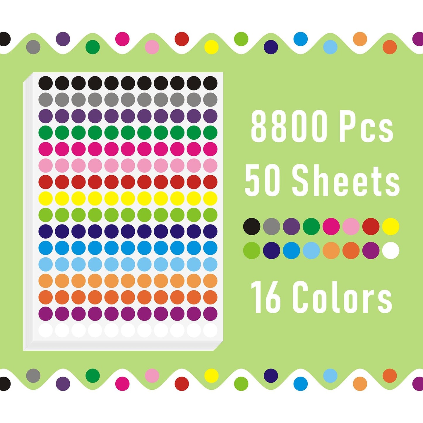 8800 PCS Color Dot Stickers 1/2 Inch Round Color Coding Labels Small 16 Color Circle Stickers for Office Classroom Library Home Teaching Events, 176 Labels/Sheet