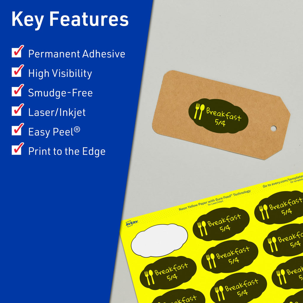 Avery Printable Oval Scalloped Labels, Sure Feed Technology, 1-1/8" x 2-1/4", Neon Yellow Labels, Print-to-The-Edge, Laser/Inkjet Printable, 420 Total, Great for Candles and Jars 420 labels