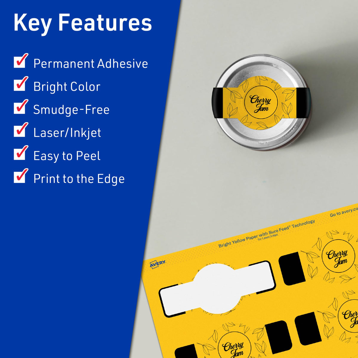 Avery® Printable Wraparound Band Labels, Sure Feed® Technology, 1-1/2" x 3-1/2", Bright Yellow Labels, Print-to-the-Edge, Laser/Inkjet, 200 Total, Great for Soap Labels and Jar Labels 200 labels