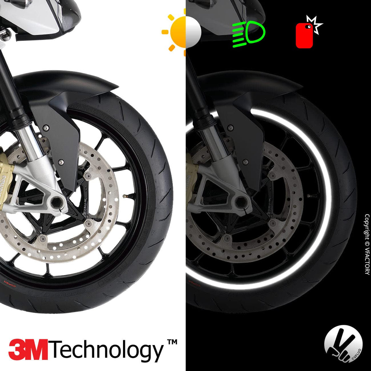 VFLUO - Motorcycle Reflective Wheel Stripes kit, 1 Wheel Rim Stickers Pack, 3M Technology™ - High lateral Visibility, Discreet and Design, Easy Installation
