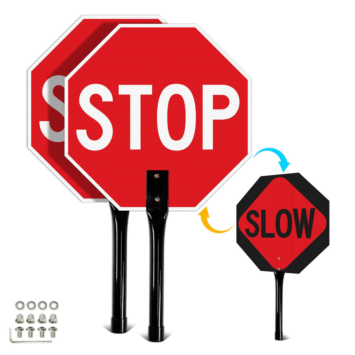 T&R (2 Pack) Stop Slow Sign with Handle, 13 x 13 Inches Double Sided Stop/Slow Traffic Sign, Rust Free Aluminum Reflective, Weather Resistant, Waterproof, Fade Resistant, Easy to Mount. 13" x 13" - 2 Pack - Stop/Slow