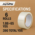 Clear Packing Tape, 6 Rolls 1.88inches Wide, 65 Yards Per Roll, 390 Total Yards Tape for Shipping Packaging Moving Sealing, Thicker Clear Packing Tape, (2.7Mil x 1.88" x 65Yds) 2.7Mil x 1.88" x 65Yds