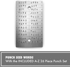 ColdTi titanium Bitcoin seed plates with punch set and seals, designed for secure crypto seed phrase storage.