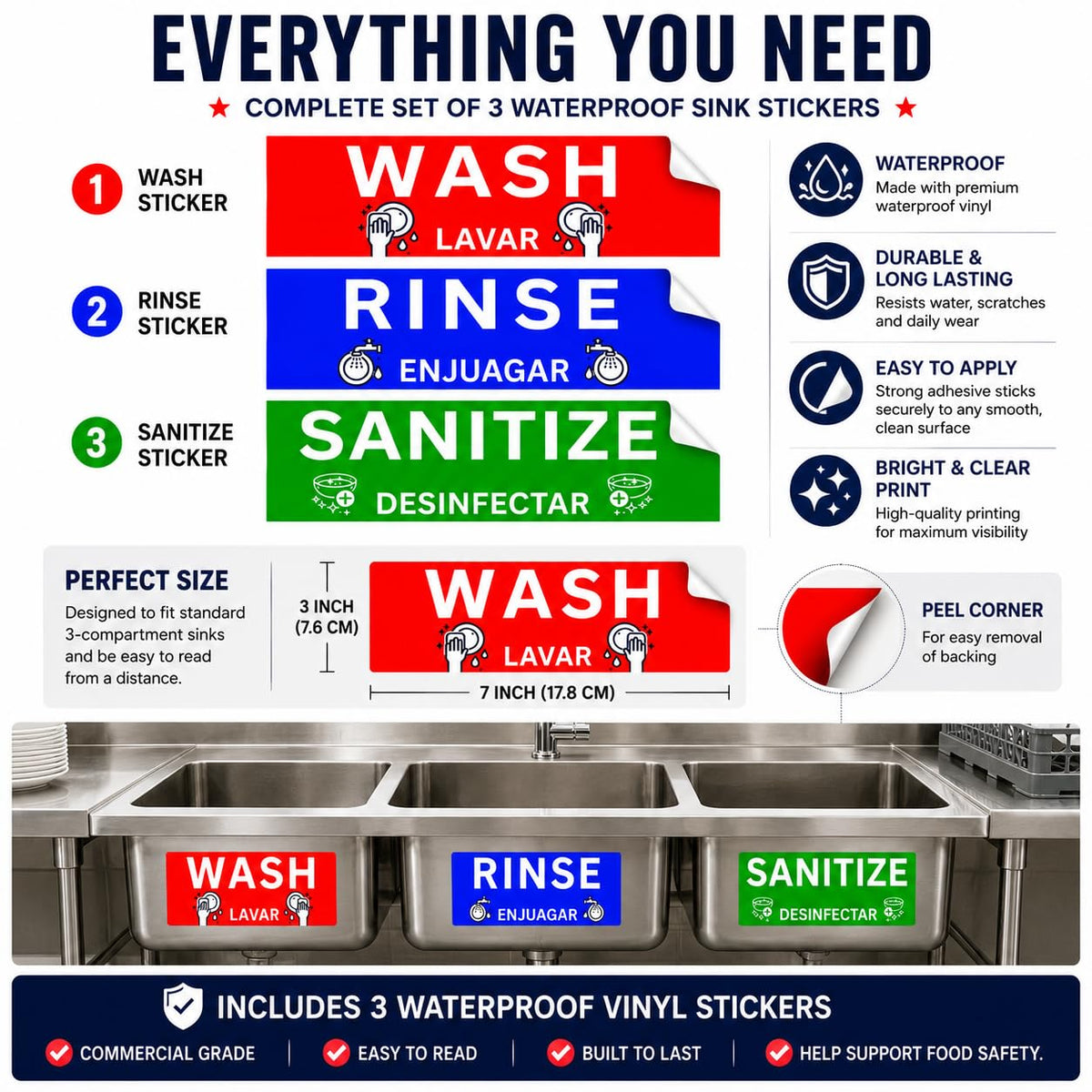 Wash Rinse Sanitize Sink Labels, Commercial Stickers for Triple Sink, Set of 3 Stickers, 7x3 Inches, 1 Set