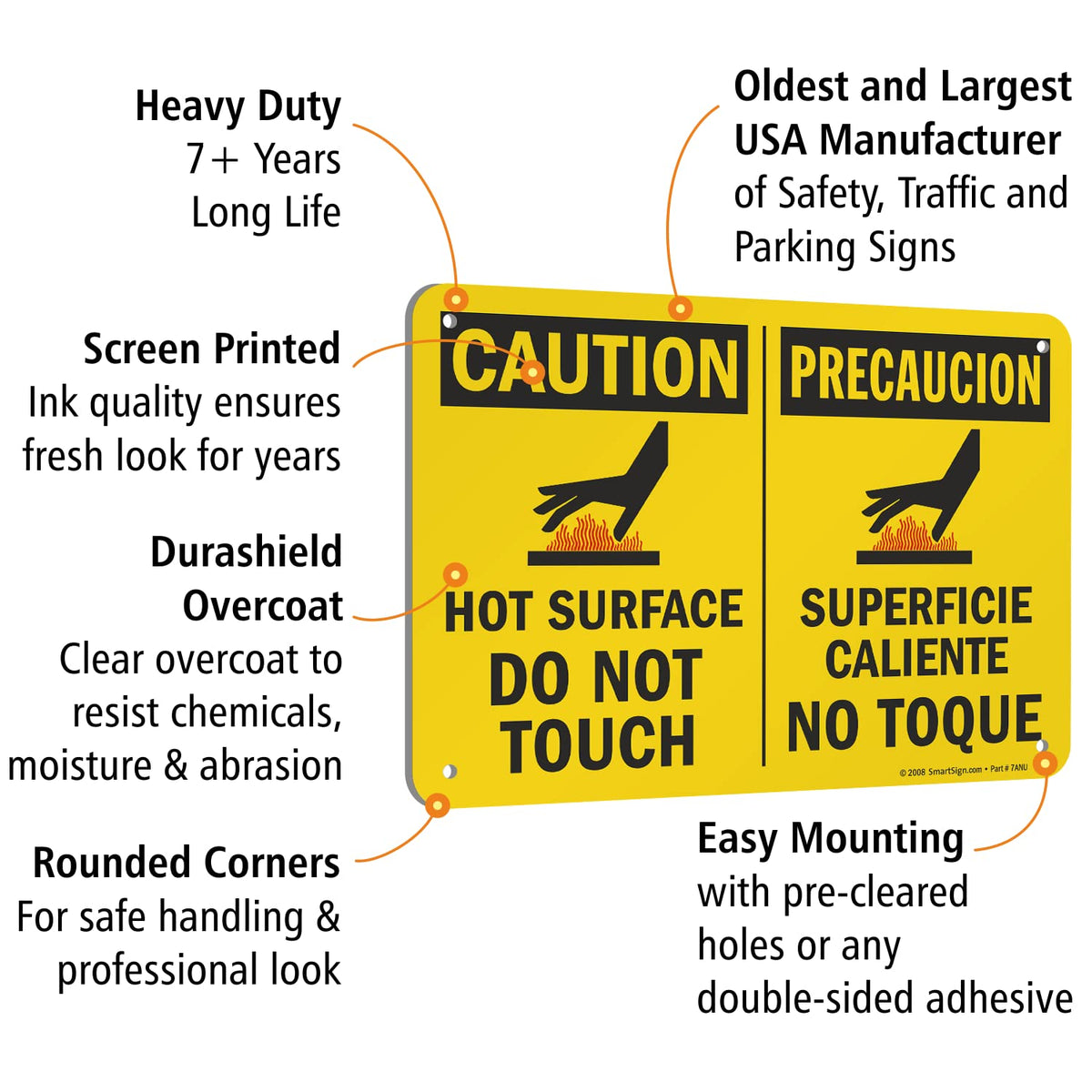 SmartSign - U9-1792-NA_7x10 "Caution - Hot Surface, Do Not Touch" Bilingual Sign | 7" x 10" Aluminum Black/Red on Yellow