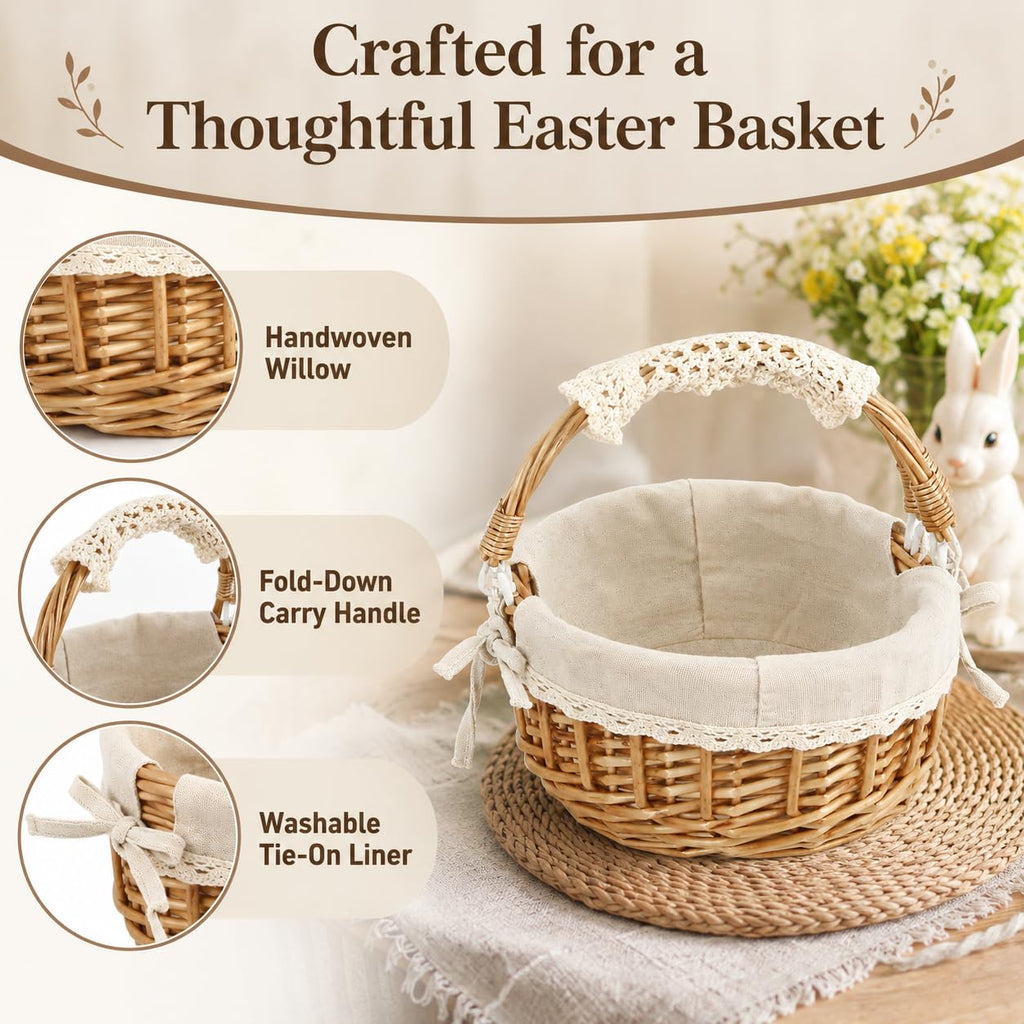 10.2-Inch Empty Round Wicker Easter Basket with Fabric Liner