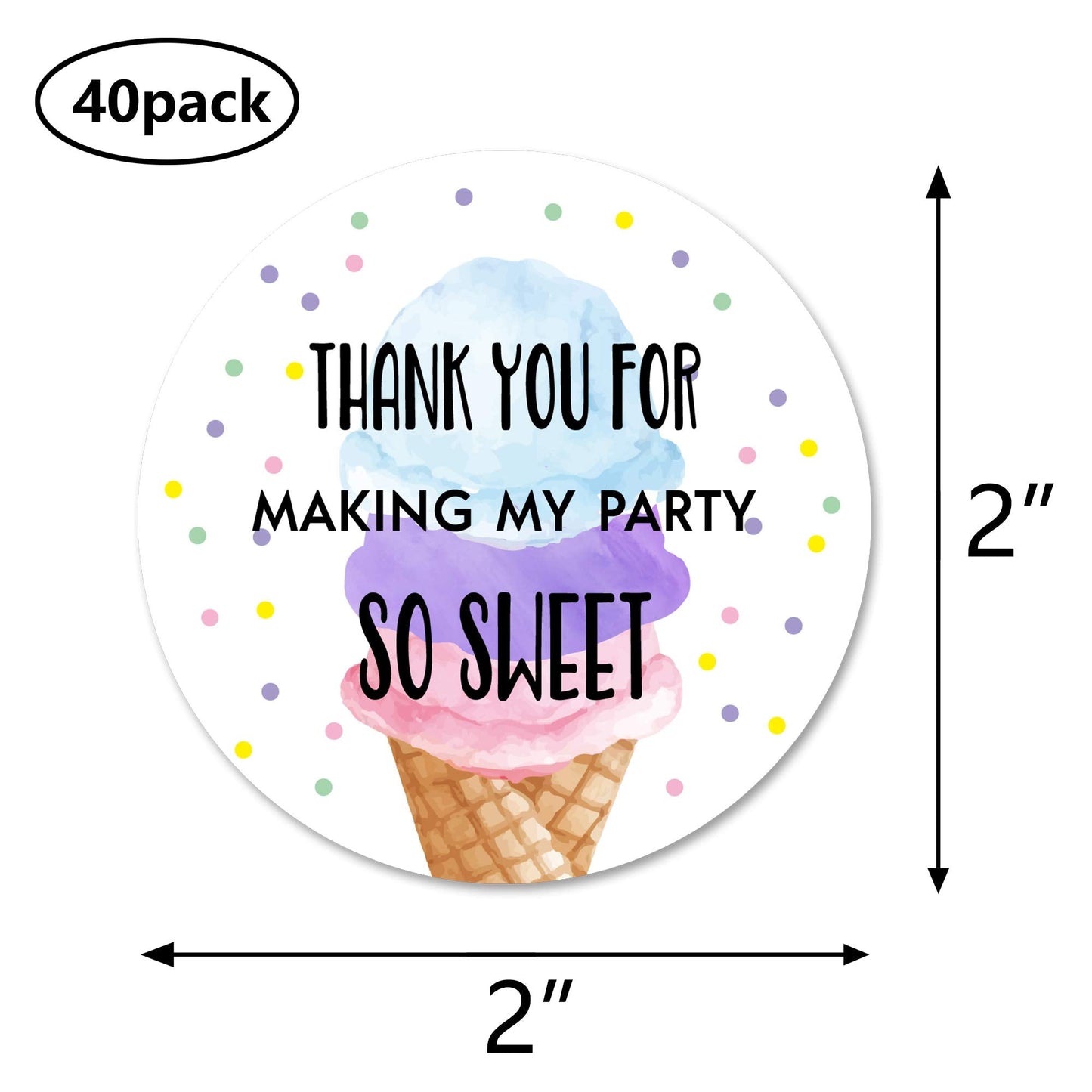 Ice Cream Thank You Stickers, 40 2 Inch Summer Baby Shower Or Birthday Party Labels, Decorations