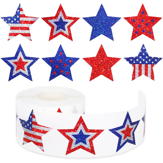 600Pcs Patriotic Star Stickers Roll Blue Red Laser Silver Stars Labels American Flag Self-Adhesive Independence Day Stickers for 4th of July Memorial Day Water Bottle Luggage Decor, 8 Design