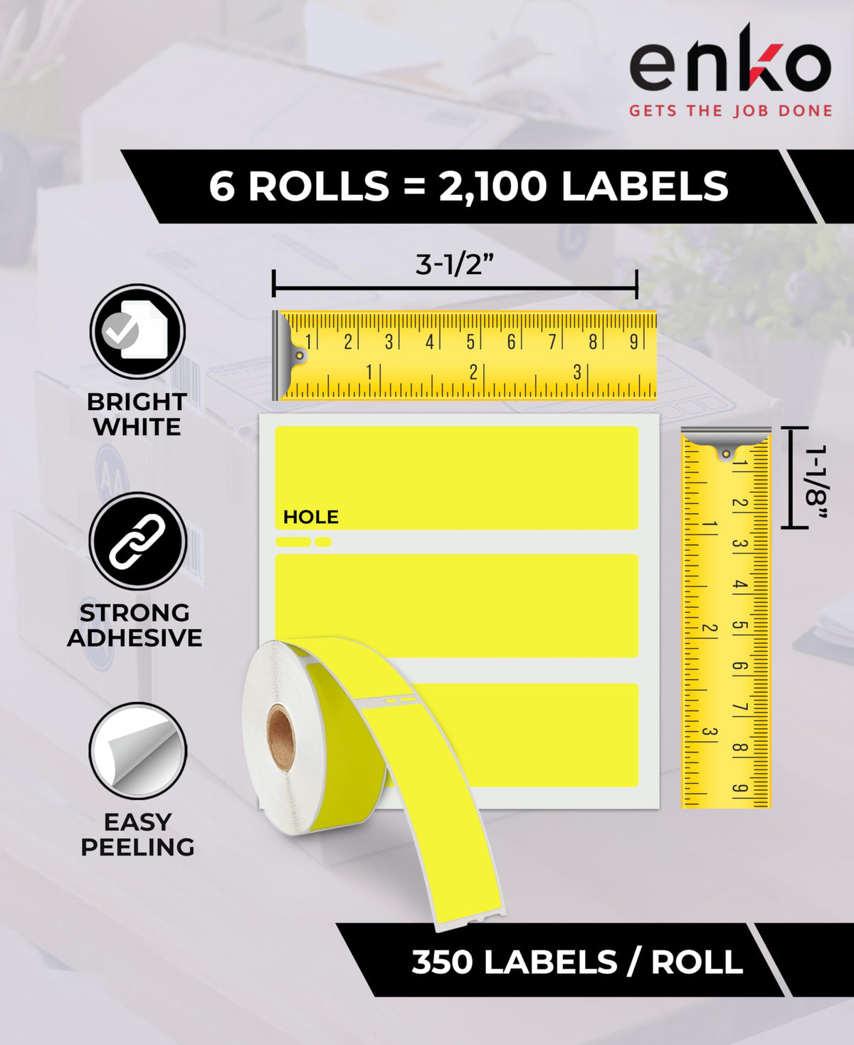 enKo 30252 6 Rolls | 2100 Yellow Return Address Labels (1-1/8 x 3-1/2 in)
