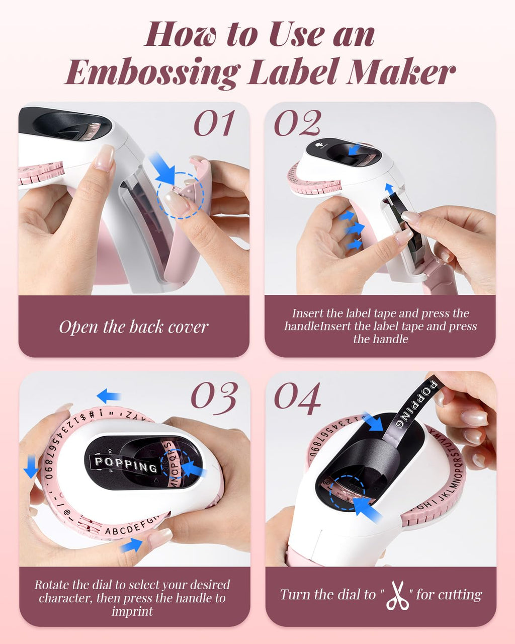 Phomemo Embossing Label Maker with 6 Tapes, Vintage Embossed Label Maker Pink
