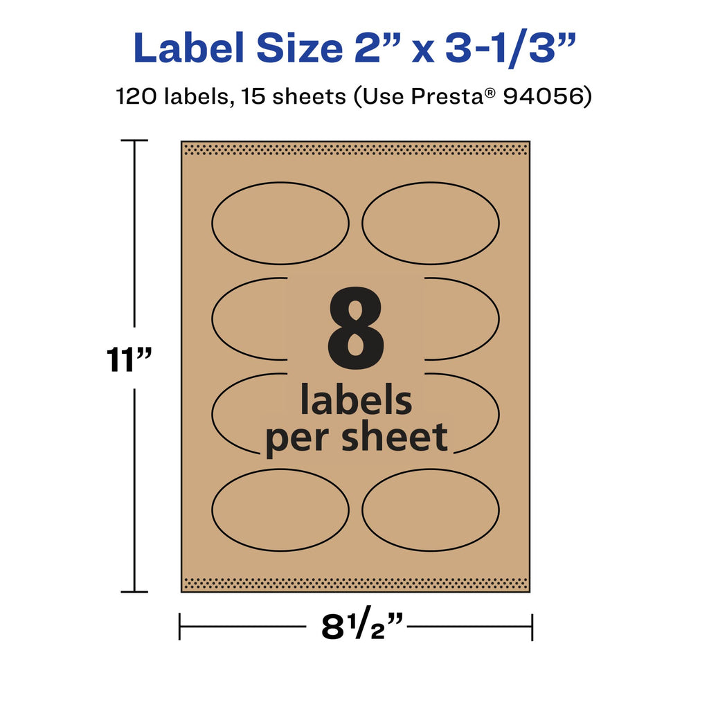 Avery® Kraft Brown Oval Labels, Sure Feed® Technology, 2" x 3-1/3", 120 Kraft Brown Labels, Print-to-The-Edge, Laser/Inkjet Printable 120 labels