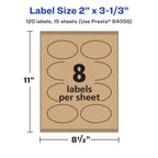 Avery® Kraft Brown Oval Labels, Sure Feed® Technology, 2" x 3-1/3", 120 Kraft Brown Labels, Print-to-The-Edge, Laser/Inkjet Printable 120 labels