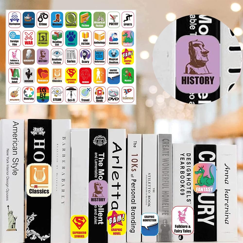 45 Genre Book Spine Labels for Library | Classroom Library Classification Stickers 450pcs Genre Labels 45 Genre 1"H x 3/4"W
