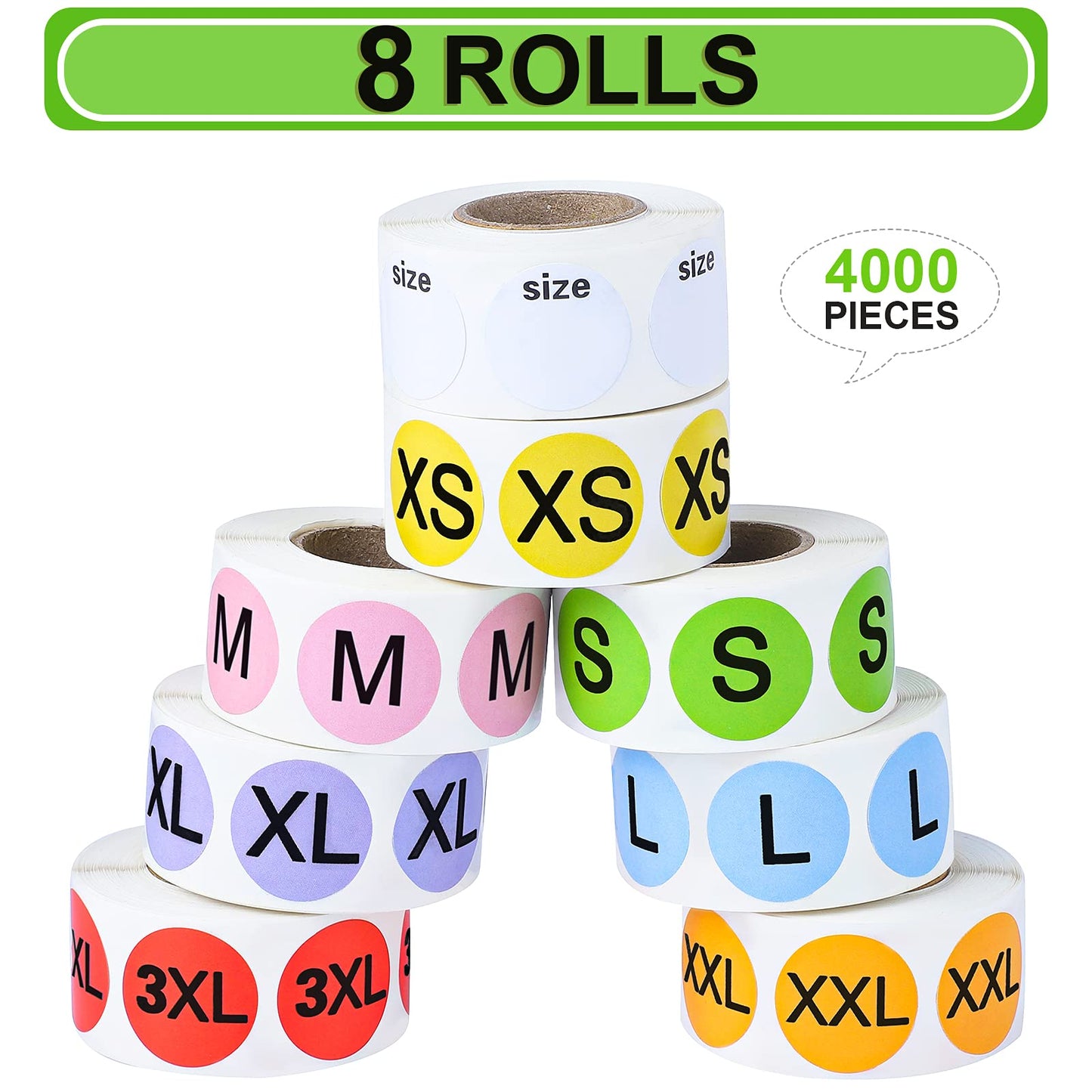 Elcoho 4000 Pieces Round Color Size Sticker Labels Self-Adhesive Clothing Size Stickers 8 Rolls 7 Sizes and One Roll Blank Size for Clothing